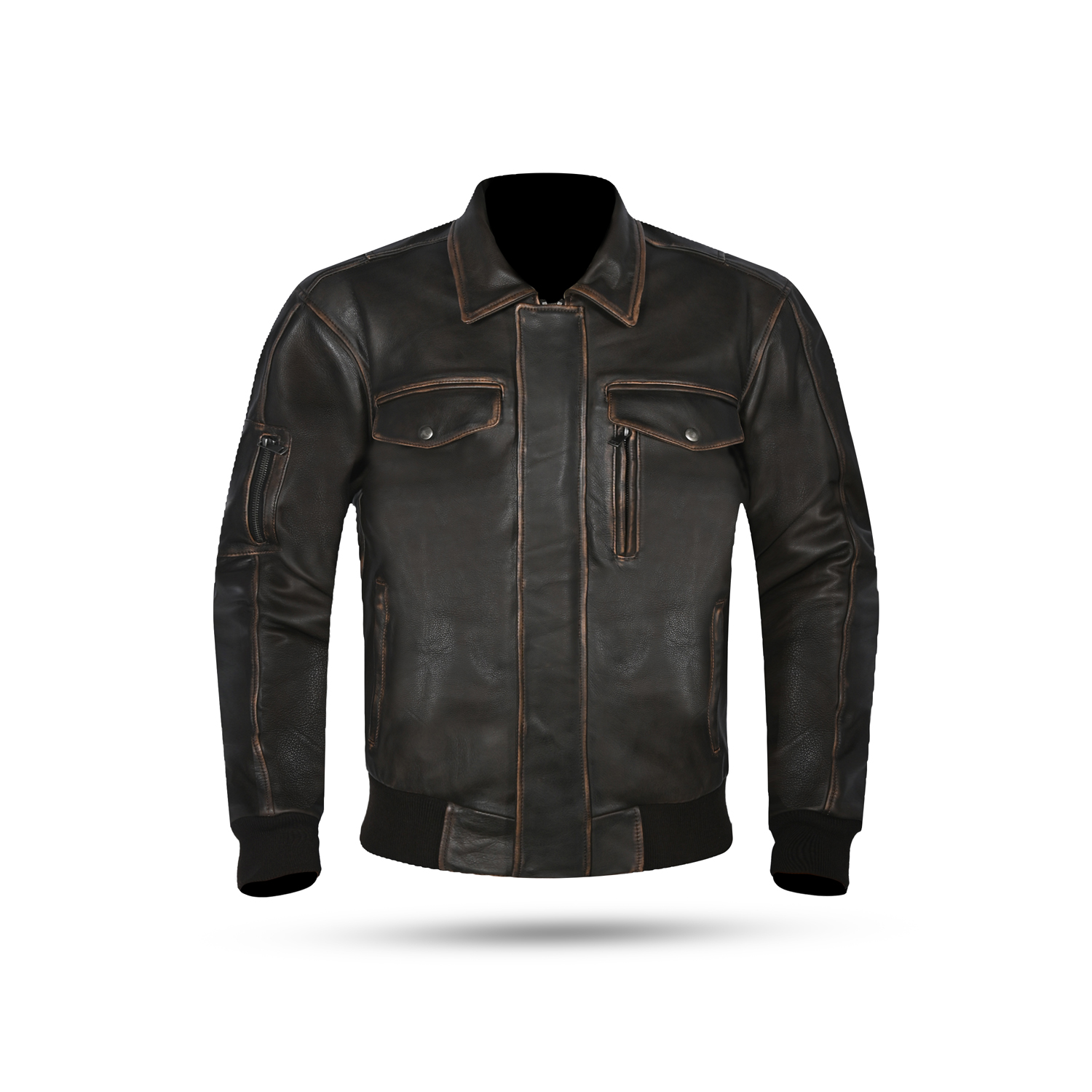 Vintage Distressed Leather Bomber Jacket – Dark Antique Brown