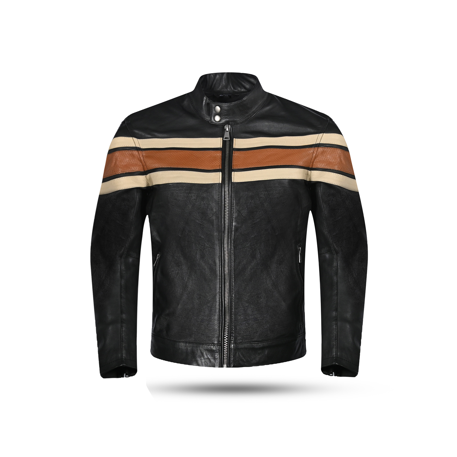 Retro Horizon Leather Cafe Racer Jacket – Classic Black, Brown & Cream
